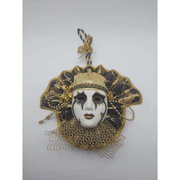 Vintage Venetian Jester Wall Mask Gold Black Porcelain Face Masquerade Decor - Picture 1 of 10